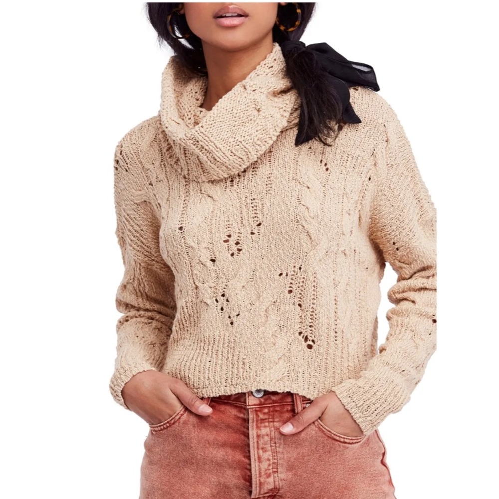 Free People Beige Shades of Dawn Crochet Turtleneck